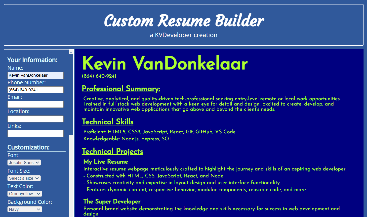 screenshot of my resume builder project